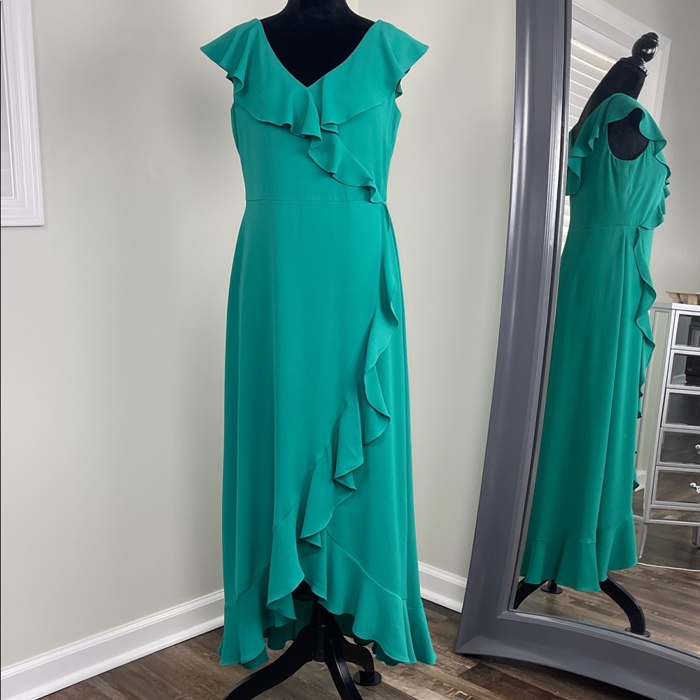 London Times Emerald Green Ruffled Dress Ladies Size 8
